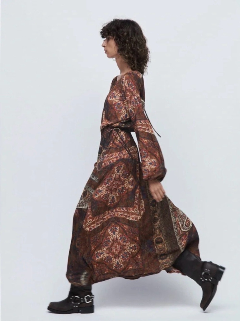 Boho Paisley Long Sleeve Maxi Dress in Black